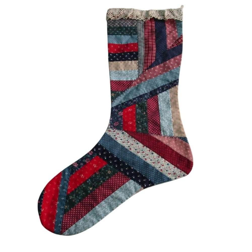 Vintage Patchwork Quilted Christmas Stocking Lace Trim Spots On Back GUC